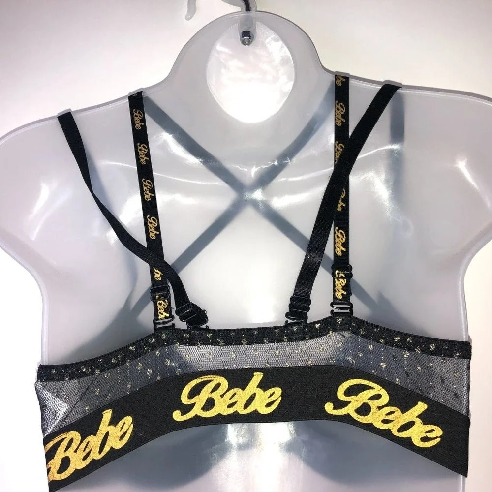 Bebe Black Pushup Bra w/Gold‎ Accents Front Clasp 34C Strappy Mob Wife